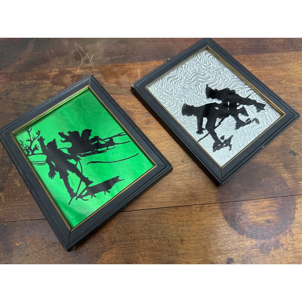 Deltex Reverse Painted Pair of Vintage Glass Pictures Winter Scene Silhouettes